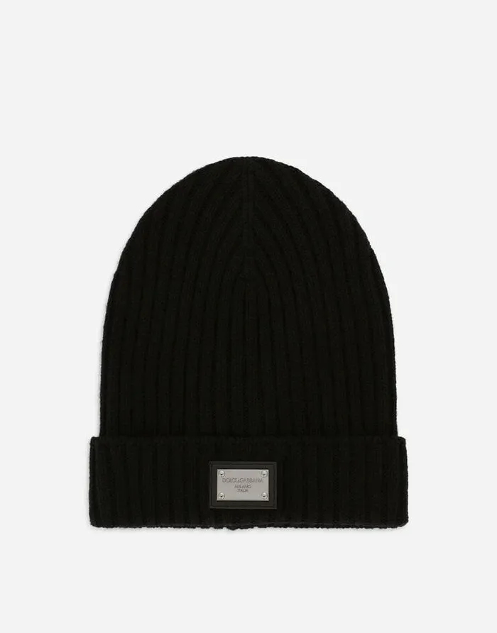 Dolce and Gabbana Accessories Children Ribbed Knit Hat With Logo Tag Black