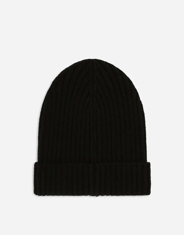 Dolce and Gabbana Accessories Children Ribbed Knit Hat With Logo Tag Black