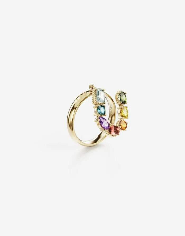 Dolce and Gabbana Alphabet Collection Women Rainbow Alphabet U Ring In Yellow Gold With Multicolor Fine Gems Gold Dolce and Gabbana Alphabet Collection Women Rainbow Alphabet U Ring In Yellow Gold With Multicolor Fine Gems Gold