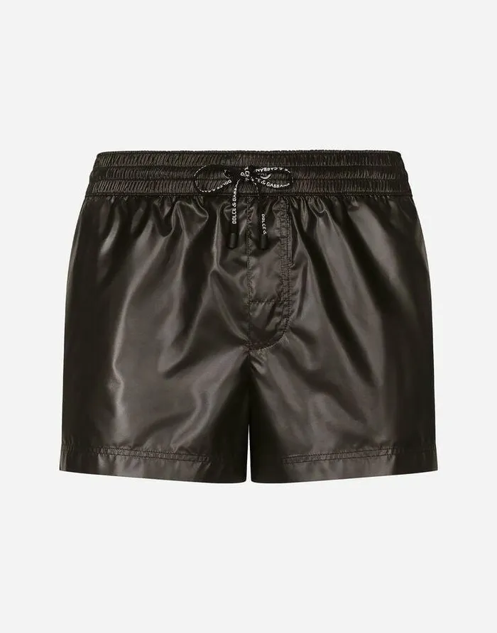 Dolce and Gabbana Beachwear Men Short Swim Trunks With Branded Band Black