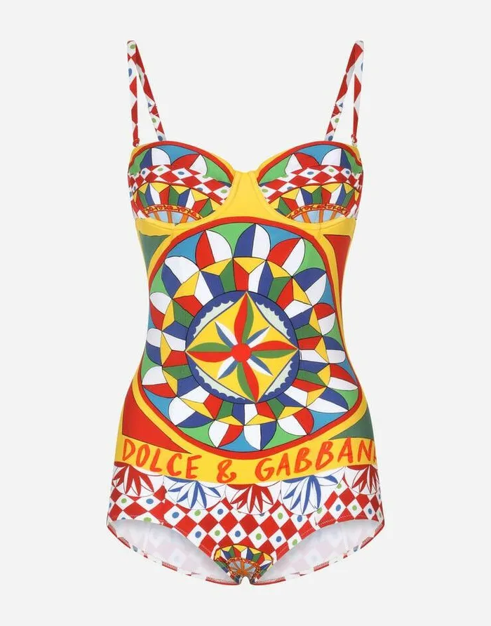 Dolce and Gabbana Beachwear Women Carrettoprint Balconette Onepiece Swimsuit Red