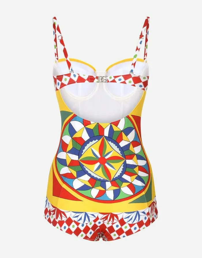 Dolce and Gabbana Beachwear Women Carrettoprint Balconette Onepiece Swimsuit Red Dolce and Gabbana Beachwear Women Carrettoprint Balconette Onepiece Swimsuit Red