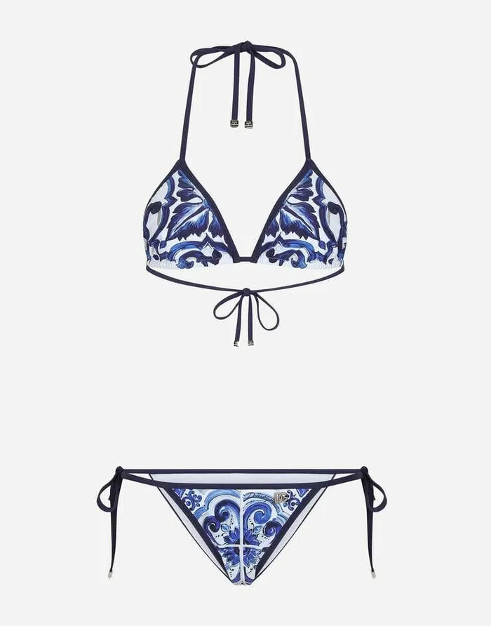 Dolce and Gabbana Beachwear Women Majolica Print Triangle Bikini Multicolor