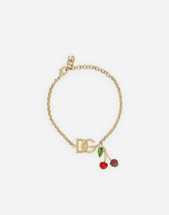 Dolce and Gabbana Bijoux Women Bracelet With DG Logo And Cherry Charms Gold