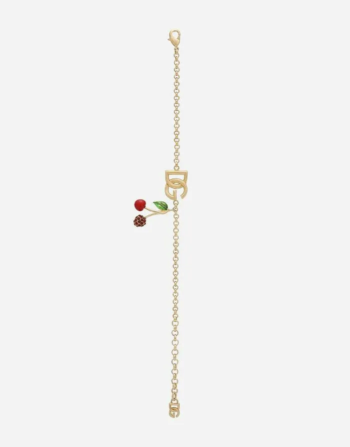 Dolce and Gabbana Bijoux Women Bracelet With DG Logo And Cherry Charms Gold