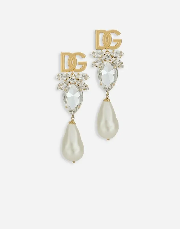 Dolce and Gabbana Bijoux Women Drop Earrings With Pearls Rhinestones And DG Logo Crystal Dolce and Gabbana Bijoux Women Drop Earrings With Pearls Rhinestones And DG Logo Crystal
