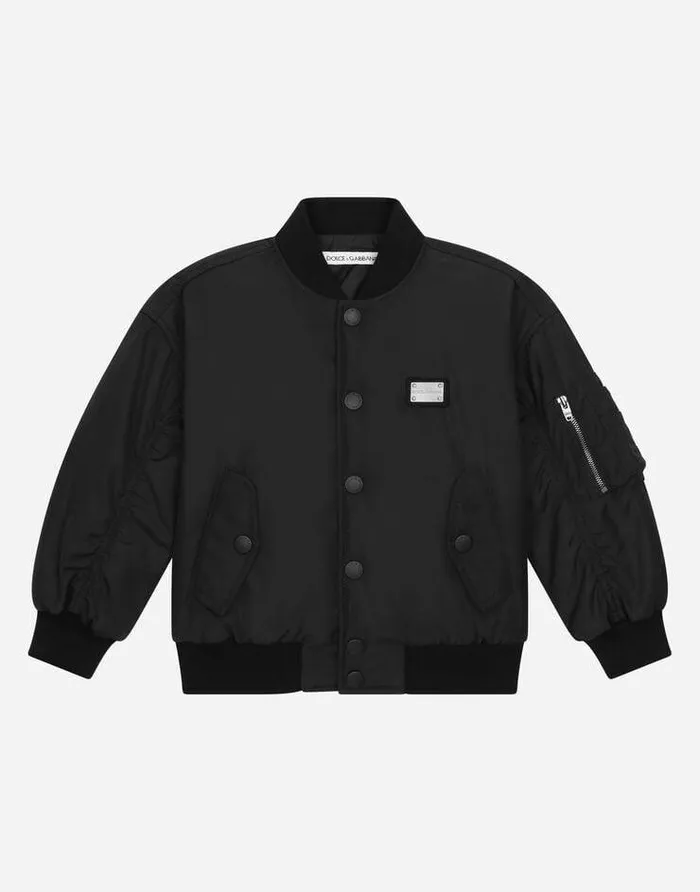 Dolce and Gabbana Coats And Jackets Children Cordura Bomber Jacket With Logo Tag Black