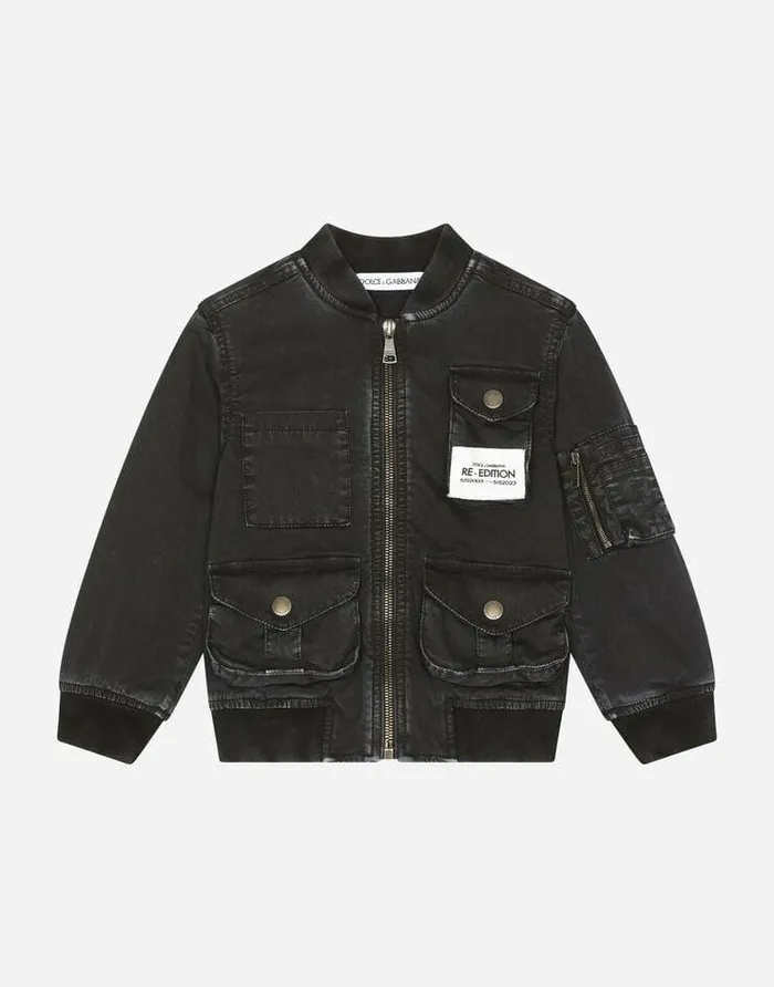 Dolce and Gabbana Coats And Jackets Children Garmentdyed Stretch Cotton Bomber Jacket Black