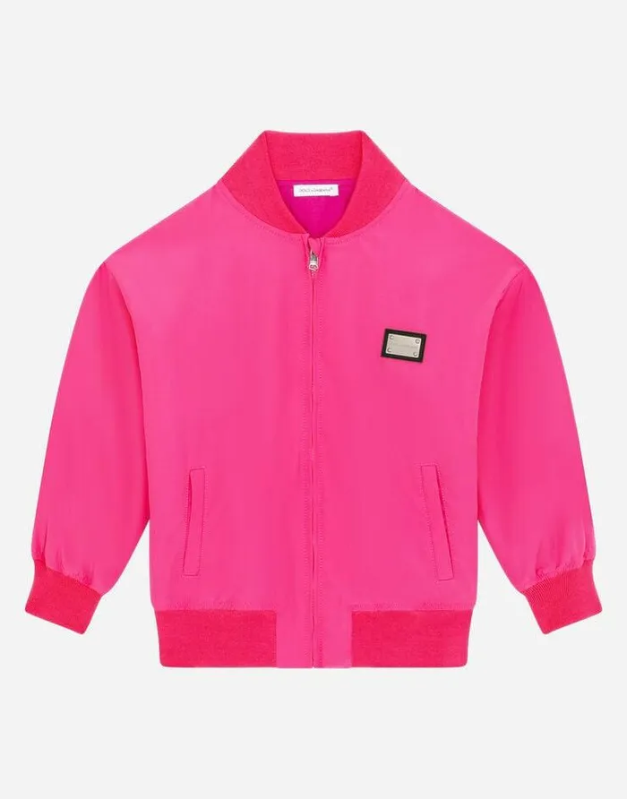 Dolce and Gabbana Coats And Jackets Children Nylon Bomber Jacket With Logo Plate Fuchsia