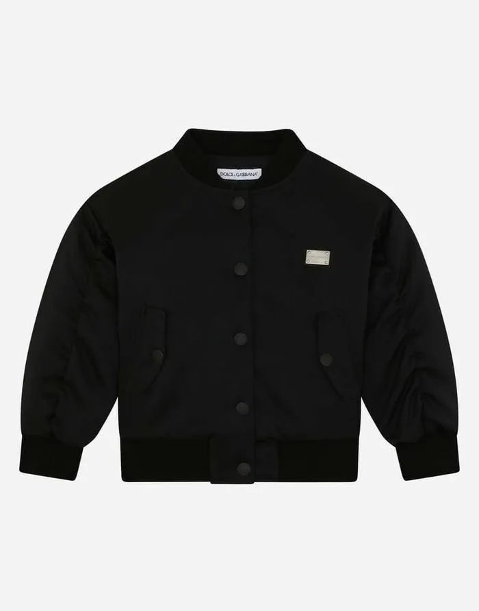Dolce and Gabbana Coats And Jackets Children Satin Bomber Jacket With Logo Plate Black