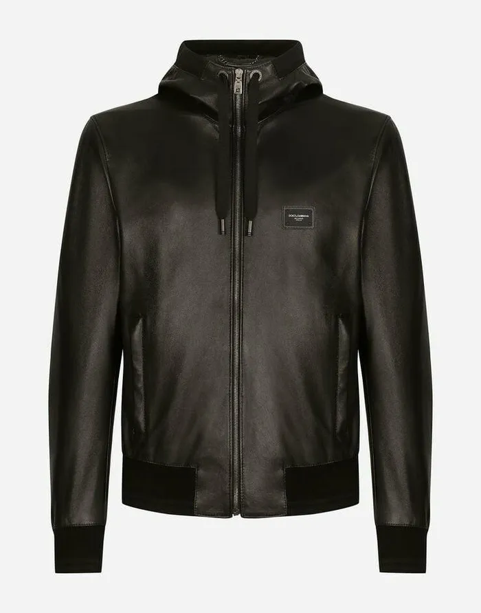 Dolce and Gabbana Coats And Jackets Men Leather Jacket With Hood And Branded Tag Black