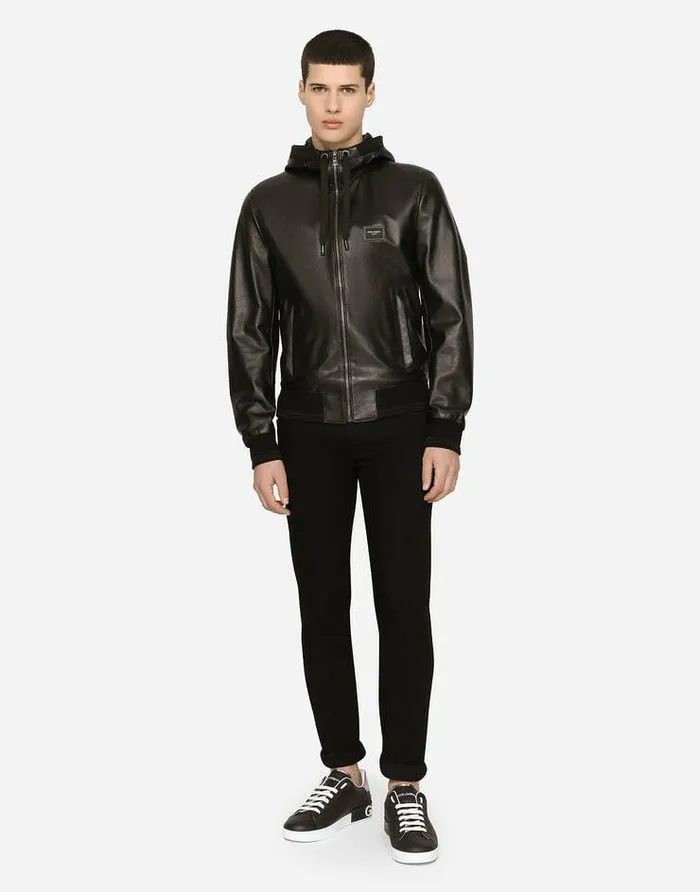 Dolce and Gabbana Coats And Jackets Men Leather Jacket With Hood And Branded Tag Black Dolce and Gabbana Coats And Jackets Men Leather Jacket With Hood And Branded Tag Black