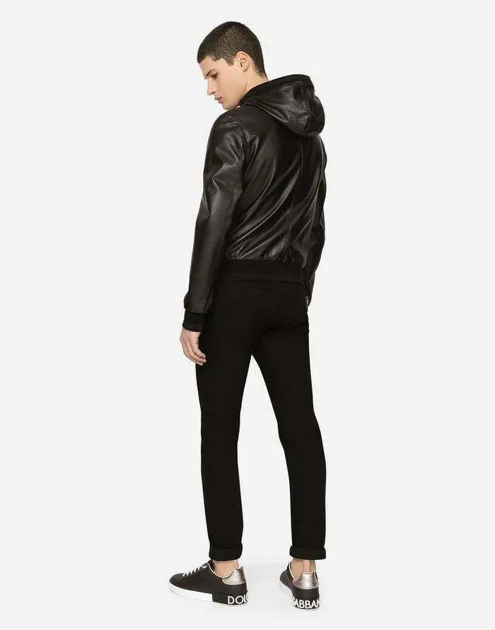 Dolce and Gabbana Coats And Jackets Men Leather Jacket With Hood And Branded Tag Black Dolce and Gabbana Coats And Jackets Men Leather Jacket With Hood And Branded Tag Black