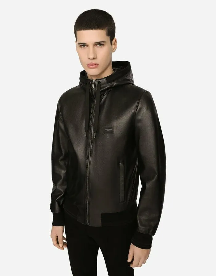 Dolce and Gabbana Coats And Jackets Men Leather Jacket With Hood And Branded Tag Black Dolce and Gabbana Coats And Jackets Men Leather Jacket With Hood And Branded Tag Black