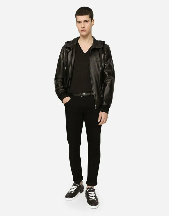 Dolce and Gabbana Coats And Jackets Men Leather Jacket With Hood And Branded Tag Black Dolce and Gabbana Coats And Jackets Men Leather Jacket With Hood And Branded Tag Black