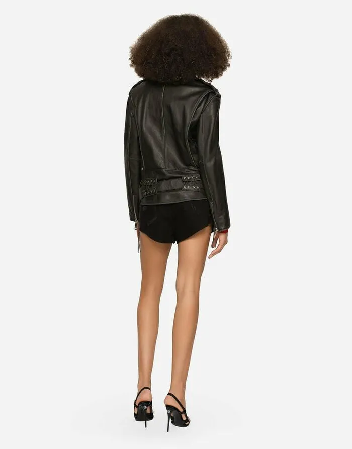 Dolce and Gabbana Coats And Jackets Women Belted Leather Biker Jacket Black