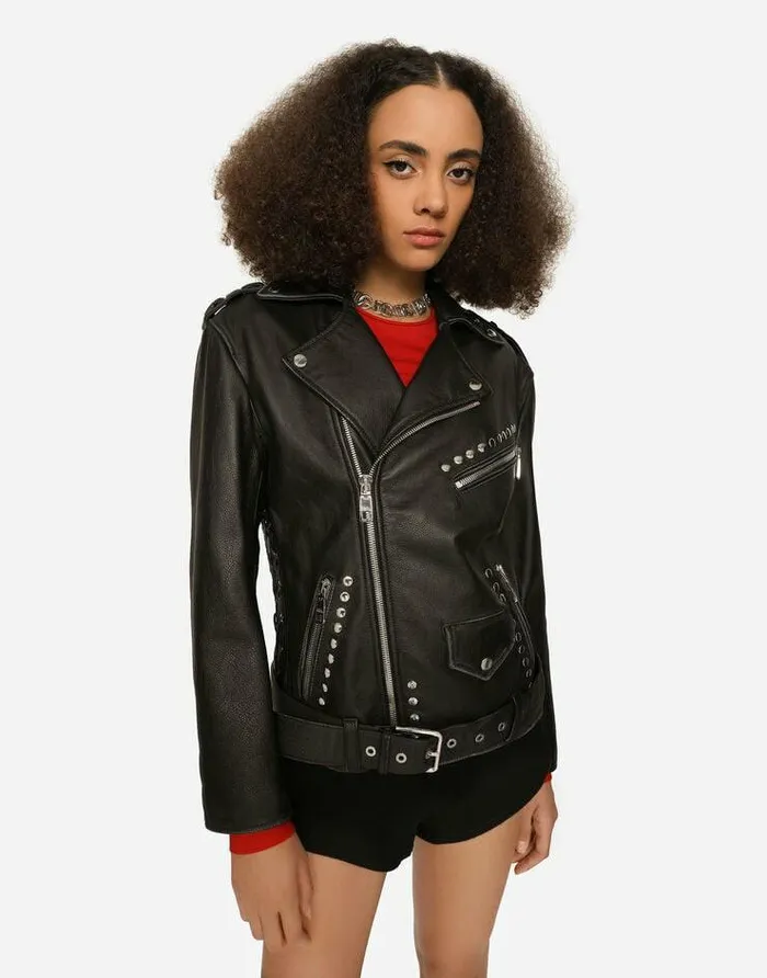 Dolce and Gabbana Coats And Jackets Women Belted Leather Biker Jacket Black