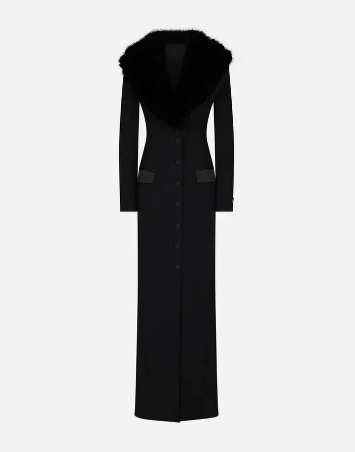 Dolce and Gabbana Coats And Jackets Women Long Silk Georgette Coat With Faux Fur Collar Black