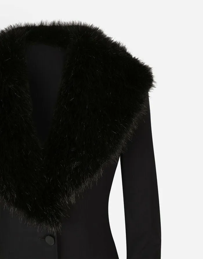Dolce and Gabbana Coats And Jackets Women Long Silk Georgette Coat With Faux Fur Collar Black Dolce and Gabbana Coats And Jackets Women Long Silk Georgette Coat With Faux Fur Collar Black