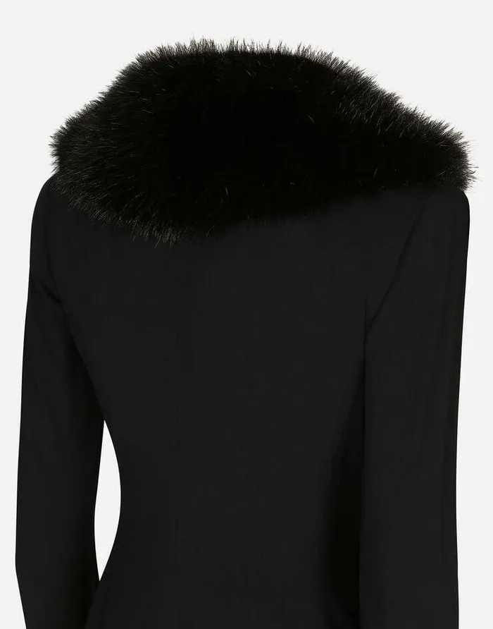 Dolce and Gabbana Coats And Jackets Women Long Silk Georgette Coat With Faux Fur Collar Black Dolce and Gabbana Coats And Jackets Women Long Silk Georgette Coat With Faux Fur Collar Black