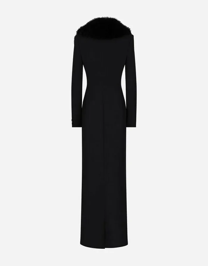 Dolce and Gabbana Coats And Jackets Women Long Silk Georgette Coat With Faux Fur Collar Black Dolce and Gabbana Coats And Jackets Women Long Silk Georgette Coat With Faux Fur Collar Black