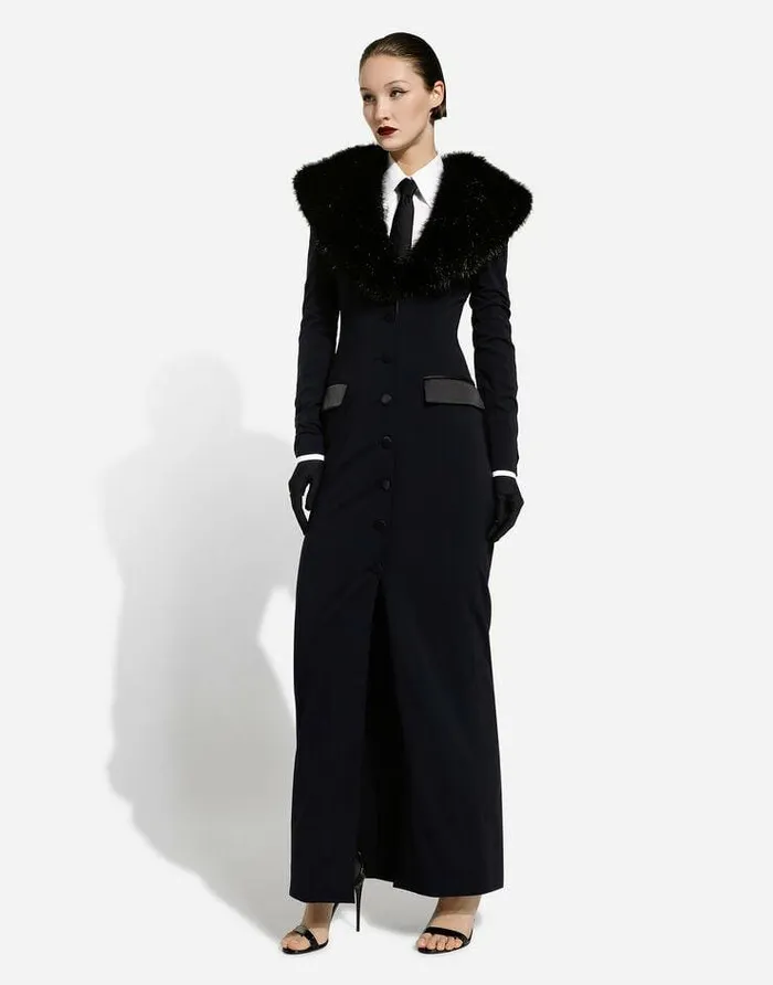 Dolce and Gabbana Coats And Jackets Women Long Silk Georgette Coat With Faux Fur Collar Black Dolce and Gabbana Coats And Jackets Women Long Silk Georgette Coat With Faux Fur Collar Black