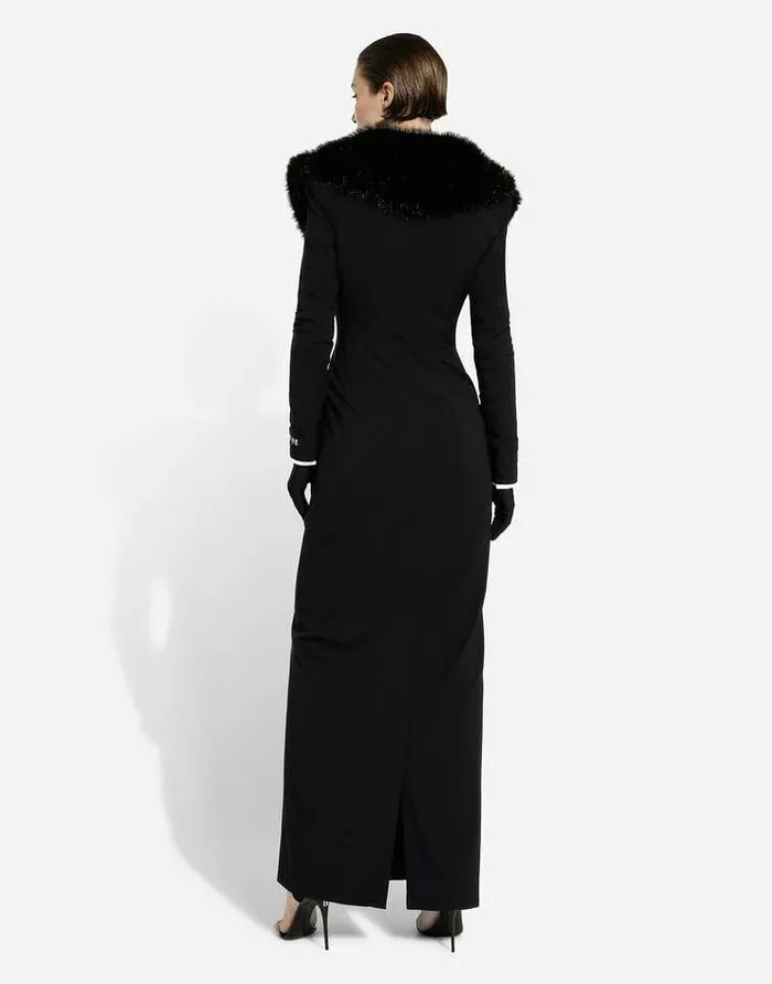 Dolce and Gabbana Coats And Jackets Women Long Silk Georgette Coat With Faux Fur Collar Black Dolce and Gabbana Coats And Jackets Women Long Silk Georgette Coat With Faux Fur Collar Black