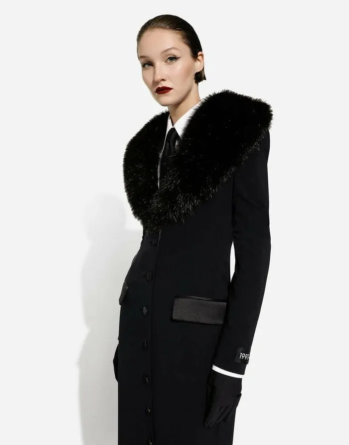 Dolce and Gabbana Coats And Jackets Women Long Silk Georgette Coat With Faux Fur Collar Black Dolce and Gabbana Coats And Jackets Women Long Silk Georgette Coat With Faux Fur Collar Black