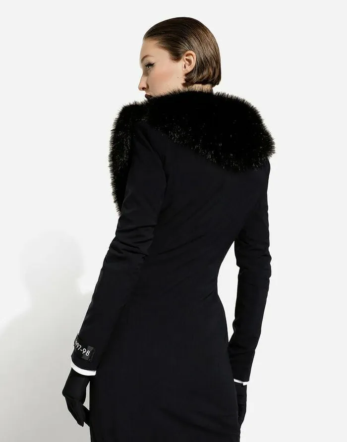 Dolce and Gabbana Coats And Jackets Women Long Silk Georgette Coat With Faux Fur Collar Black Dolce and Gabbana Coats And Jackets Women Long Silk Georgette Coat With Faux Fur Collar Black