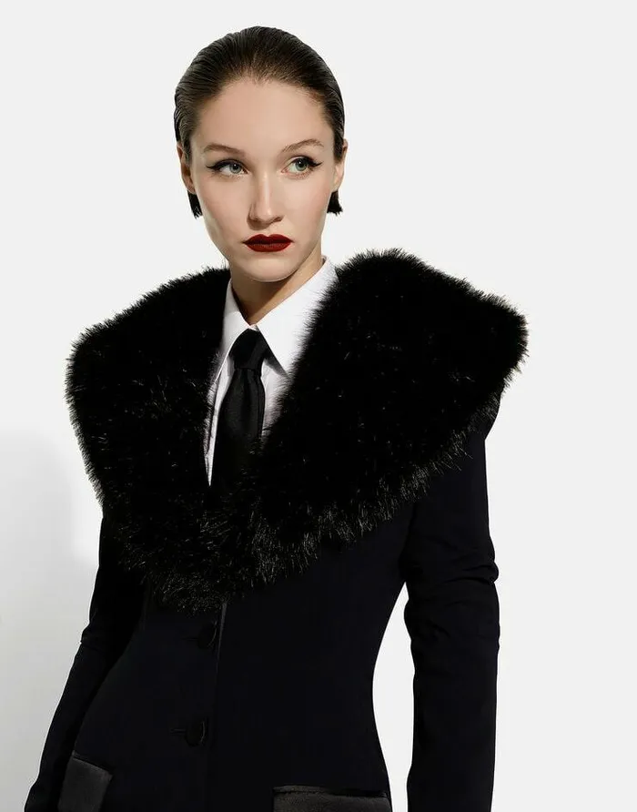 Dolce and Gabbana Coats And Jackets Women Long Silk Georgette Coat With Faux Fur Collar Black Dolce and Gabbana Coats And Jackets Women Long Silk Georgette Coat With Faux Fur Collar Black