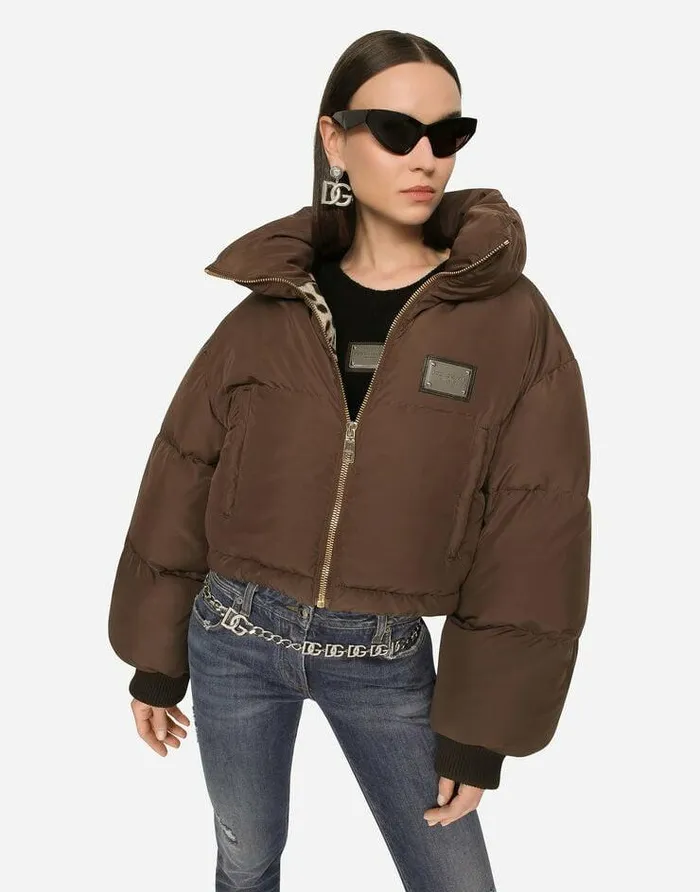 Dolce and Gabbana Coats And Jackets Women Short Padded Nylon Jacket With Logo Tag Brown Dolce and Gabbana Coats And Jackets Women Short Padded Nylon Jacket With Logo Tag Brown