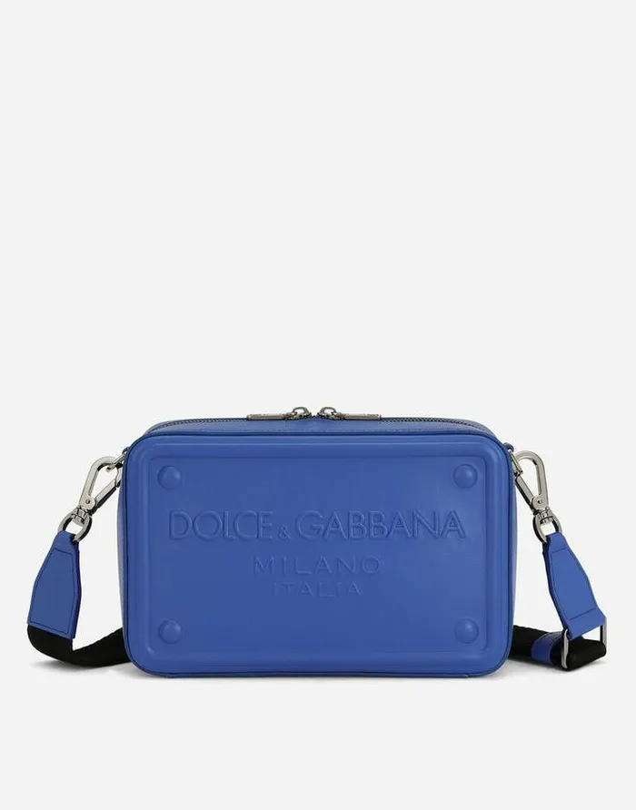 Dolce and Gabbana Crossbody Bags Men Calfskin Crossbody Bag With Raised Logo Blue