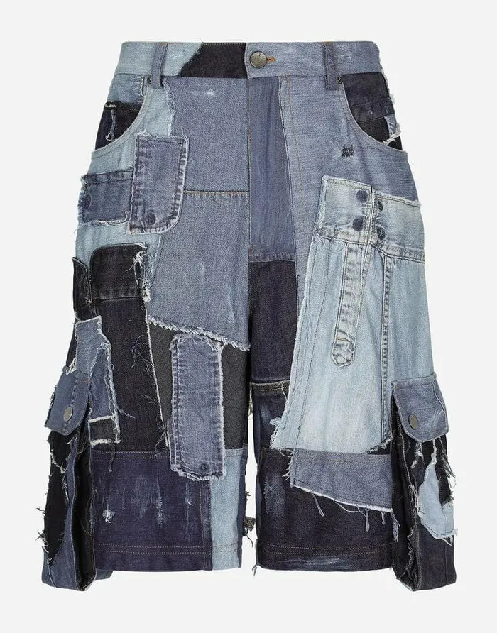 Dolce and Gabbana Denim Men Stretch Patchwork Denim Cargo Shorts Multicolor
