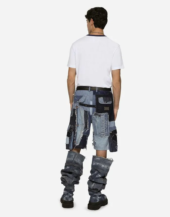 Dolce and Gabbana Denim Men Stretch Patchwork Denim Cargo Shorts Multicolor Dolce and Gabbana Denim Men Stretch Patchwork Denim Cargo Shorts Multicolor