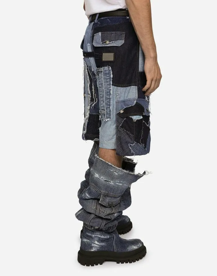 Dolce and Gabbana Denim Men Stretch Patchwork Denim Cargo Shorts Multicolor Dolce and Gabbana Denim Men Stretch Patchwork Denim Cargo Shorts Multicolor