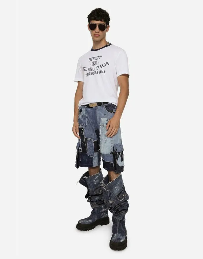 Dolce and Gabbana Denim Men Stretch Patchwork Denim Cargo Shorts Multicolor Dolce and Gabbana Denim Men Stretch Patchwork Denim Cargo Shorts Multicolor