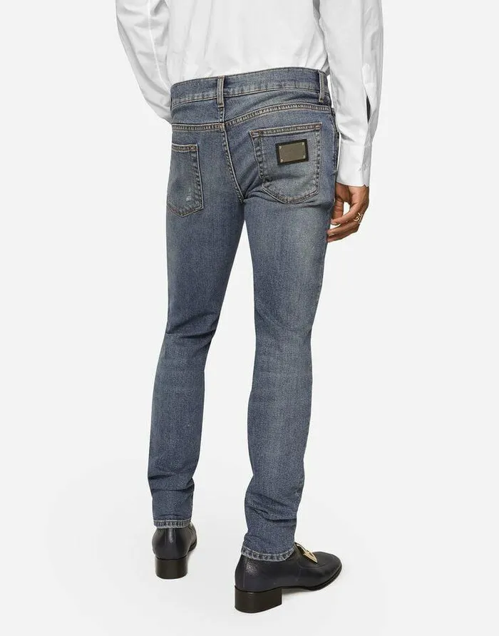 Dolce and Gabbana Denim Men Washed Skinny Stretch Jeans With Whiskering Multicolor