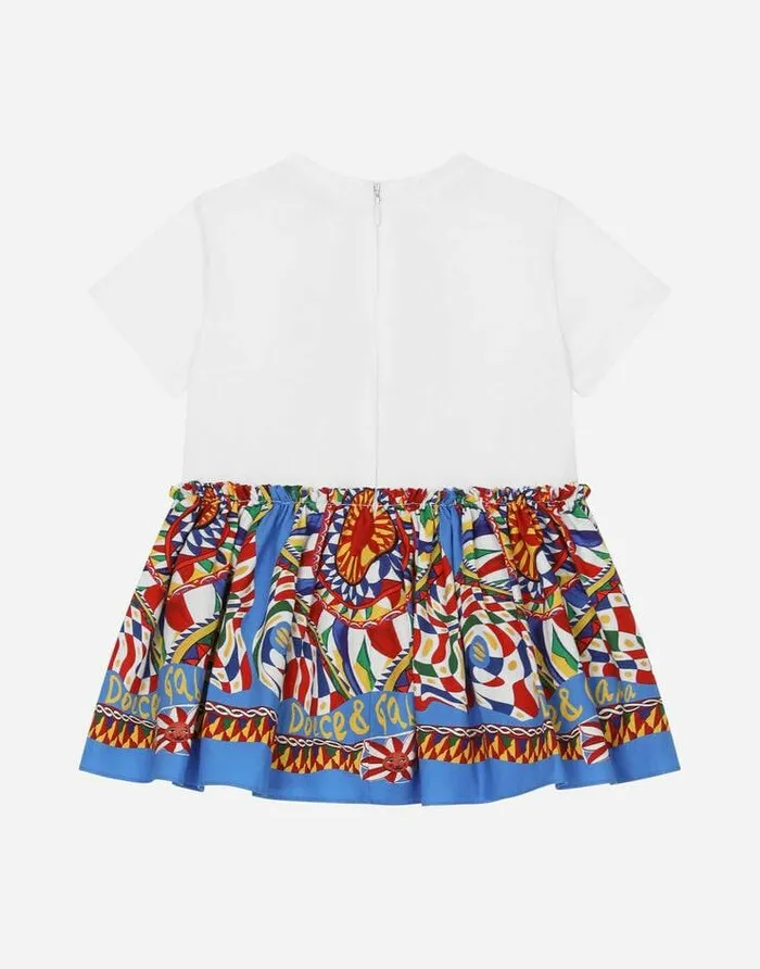 Dolce and Gabbana Dresses Children Carrettoprint Poplin And Jersey Dress With Logo Patch Multicolor