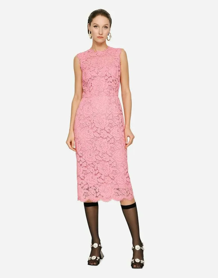 Dolce and Gabbana Dresses Women Branded Stretch Lace Calflength Dress Pink