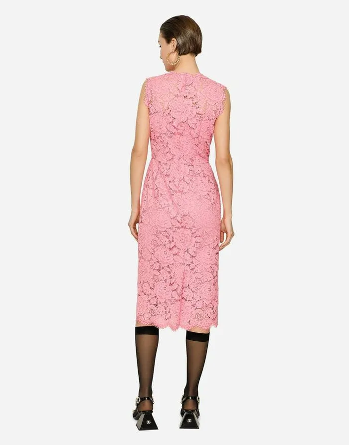 Dolce and Gabbana Dresses Women Branded Stretch Lace Calflength Dress Pink