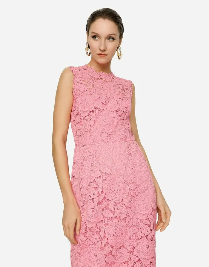 Dolce and Gabbana Dresses Women Branded Stretch Lace Calflength Dress Pink