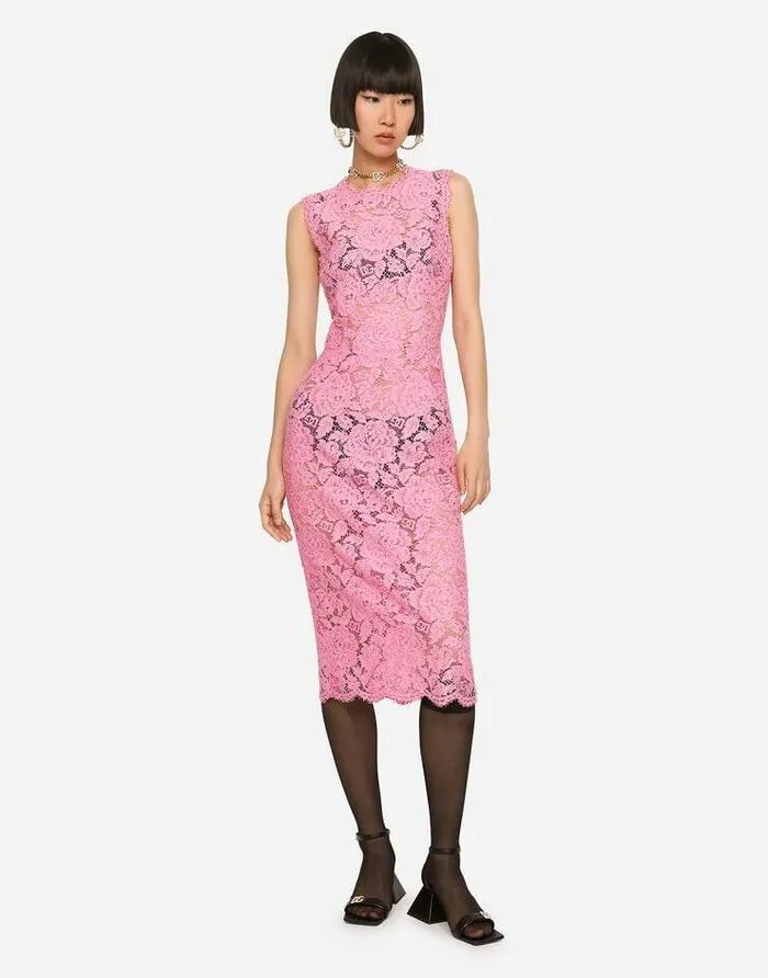 Dolce and Gabbana Dresses Women Branded Stretch Lace Calflength Dress Pink