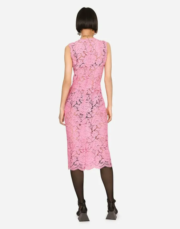 Dolce and Gabbana Dresses Women Branded Stretch Lace Calflength Dress Pink