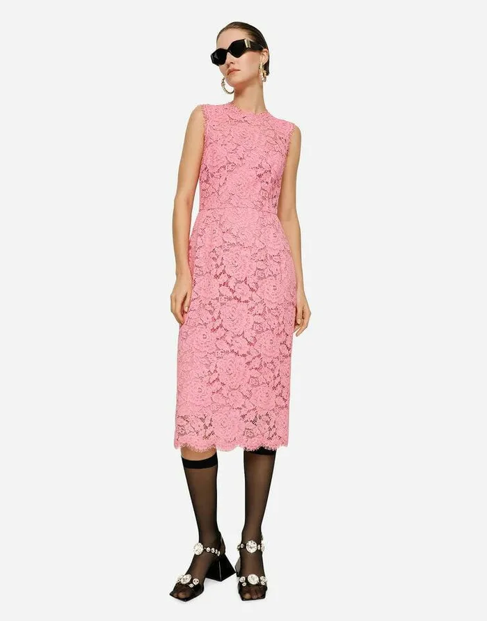 Dolce and Gabbana Dresses Women Branded Stretch Lace Calflength Dress Pink