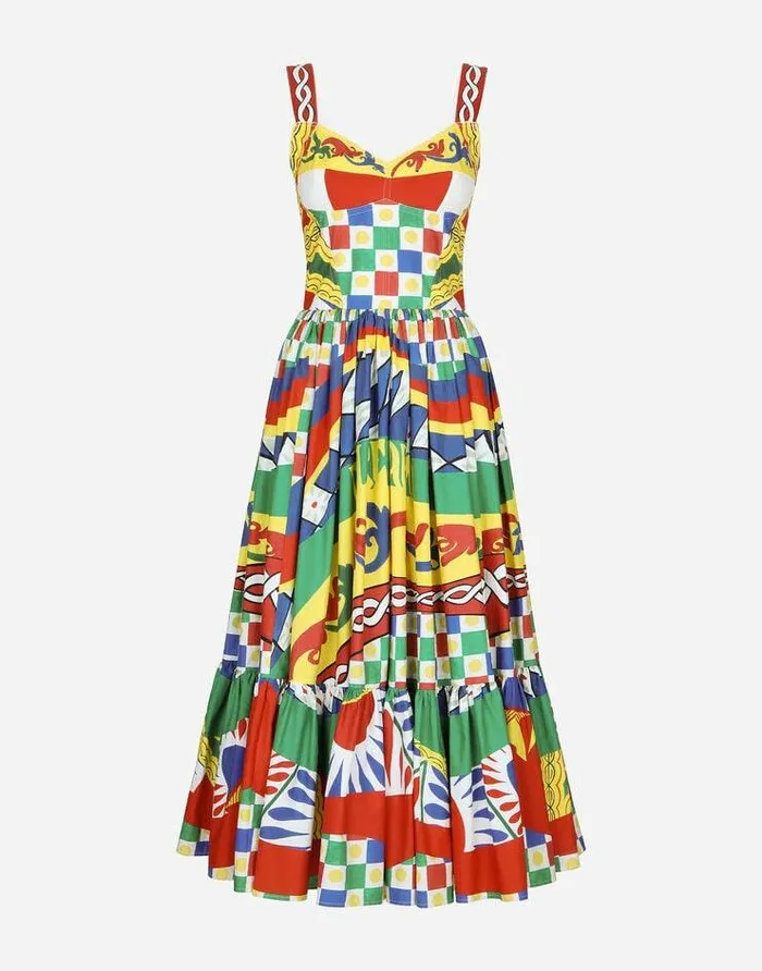 Dolce and Gabbana Dresses Women Calflength Bustier Dress In Carrettoprint Poplin Multicolor Dolce and Gabbana Dresses Women Calflength Bustier Dress In Carrettoprint Poplin Multicolor