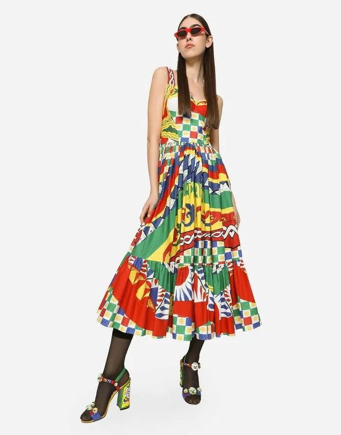 Dolce and Gabbana Dresses Women Calflength Bustier Dress In Carrettoprint Poplin Multicolor Dolce and Gabbana Dresses Women Calflength Bustier Dress In Carrettoprint Poplin Multicolor