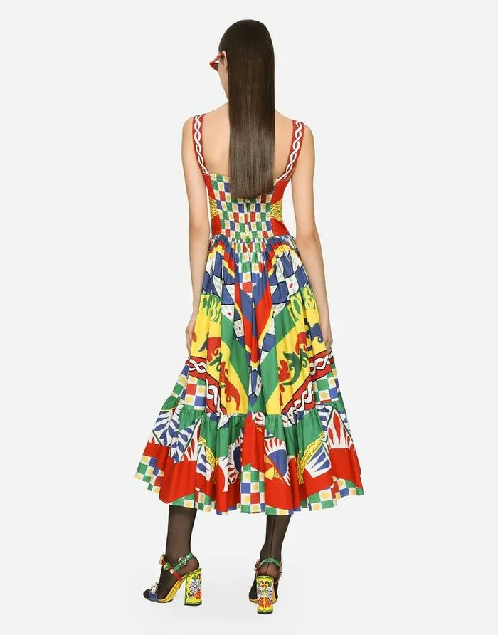 Dolce and Gabbana Dresses Women Calflength Bustier Dress In Carrettoprint Poplin Multicolor Dolce and Gabbana Dresses Women Calflength Bustier Dress In Carrettoprint Poplin Multicolor