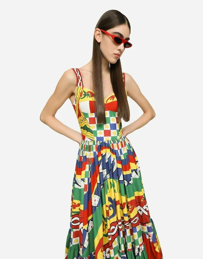 Dolce and Gabbana Dresses Women Calflength Bustier Dress In Carrettoprint Poplin Multicolor Dolce and Gabbana Dresses Women Calflength Bustier Dress In Carrettoprint Poplin Multicolor