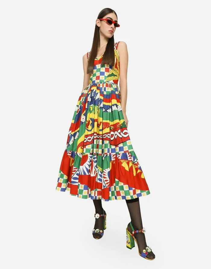Dolce and Gabbana Dresses Women Calflength Bustier Dress In Carrettoprint Poplin Multicolor Dolce and Gabbana Dresses Women Calflength Bustier Dress In Carrettoprint Poplin Multicolor