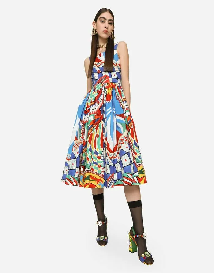 Dolce and Gabbana Dresses Women Carrettoprint Poplin Calflength Dress Multicolor Dolce and Gabbana Dresses Women Carrettoprint Poplin Calflength Dress Multicolor